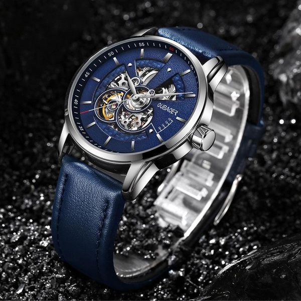 Reloj mecánico automático para hombre, esfera con textura de cuero de alta calidad, relojes huecos, reloj de pulsera suizo de lujo con correa para hombre, resistente al agua