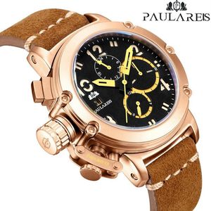 Hommes Automatique Auto Vent Mécanique Véritable Cuir Marron Multifonction Date Bateau Mois Lumineux Limité Or Rose Bronze U Montre L272M