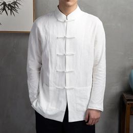 Hombres Otoño Camisa de estilo chino Top Cuello mandarín Manga larga Tradicional Kung Fu Tai Chi Tang Tops Uniforme 240329
