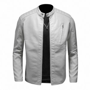 Hommes Automne Fi Moto Slim Streetwear Stand Col En Plein Air PU Cuir Blanc Veste Bomber Casual Coupe-Vent Busin Manteau u8HI #