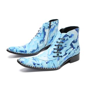 Men Autumn echte S Fashion Print veter van hoge kwaliteit Bright lederen puntige schoenen Dress Laarzen Fahion Hoe Dre Boot