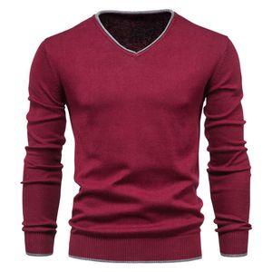 Mannen herfst nieuwe trui V-hals truien mode 100% katoen effen kleur lange mouwen slanke truien marine knitwear y0907