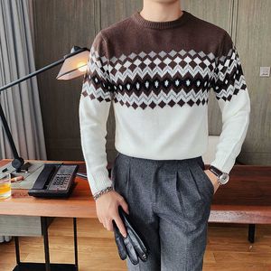 Mannen Herfst Sweaters O-hals Argylem Contrast Kleur Gebreide Pullovers Mode Casual Slim Fit Knitwear Tops Ropa de Hombre 210527