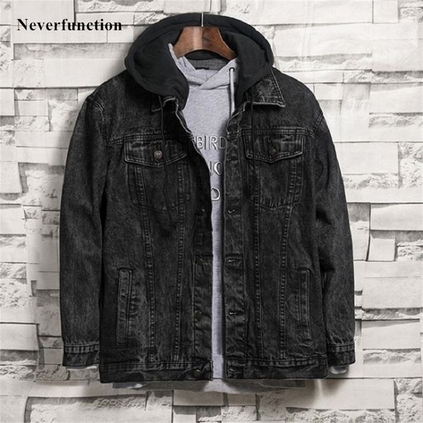 Hommes Automne Hiver Rétro Flocon De Neige lavage noir À Capuche Jean Veste Streetwear moto Casual Denim Vestes Manteau Survêtement 201123