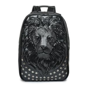 Men Backpack Leather Soft 3D reliëf Lion Head Studded Rivet Gother Travel Punk Rock Backpack Laptop School Halloween Bag303r