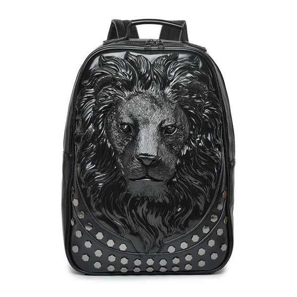 Mochila masculina de couro macio 3d em relevo cabeça de leão cravejado rebite gother viagem punk rock mochila portátil escola dia das bruxas bag2570