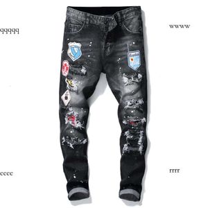 Un insigne d'hommes déchire les jeans noirs étendus pour hommes slim fit slim slim washed pantalon pantalon hip hop lambrissé 10200