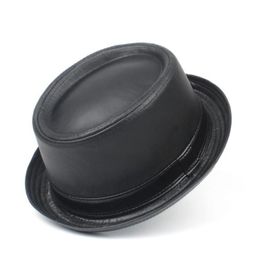 Sombrero Balck Pork Pie para hombre, sombrero Fedora de cuero para papá, bombín plano a la moda para caballero, Porkpie, talla superior S M L XL4630661