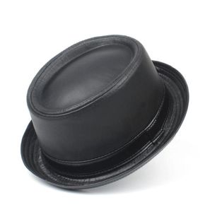 Men Balck Pork Pie Hat For Dad Leather Fedora Hat Fashion Gentleman Flat Bowler Porkpie Top Size S M L XL4630661