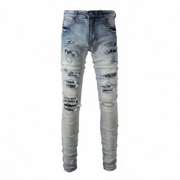 Hommes Bandana Paisley Imprimer Patch Denim Jeans Streetwear Skinny Fuselé Stretch Pantalon Bleu Clair Déchiré Distred Pantalon O1k4 #
