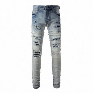 Mannen Bandana Paisley Print Patch Denim Jeans Streetwear Skinny Tapered Stretch Broek Lichtblauw Gescheurde Distred Broek O1k4 #