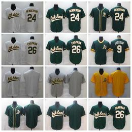 Men Baseball 26 Matt Chapman Jerseys Blank 24 Rickey Henderson 9 Reggie Jackson Pullover Green White Geel Gray Flexbase Cool Base Borduurwerk en naaien ademende