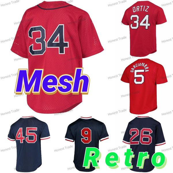 Maillot rétro David Ortiz Garciaparra Mesh Vintage Pedro Martinez Ted Williams Wade Boggs Collection de maillots pour hommes Chemises cousues MN T-shirt boutonné à encolure en V