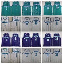 Baloncesto masculino Alonzo Mourning Jersey Tyrone Msy Bogues Larry Johnson Vintage Todos Ed Purple Green White Home Uniform de alta calidad