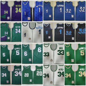 Retro Baloncesto 34 Ray Allen Jersey Retro 33 Larry Bird Paul Pierce 5 Kevin Garnett 6 Bill Russell Tracy McGrady Penny Hardaway 32 Vintage Blanco Verde Negro