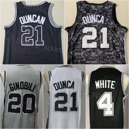 Hommes Basketball Tim Duncan Jersey 21 Derrick White 4 Manu Ginobili 20 Stitched City Earned Association Classic Statement Icon Noir Blanc Gris Camo Team Color Shirt