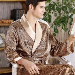 Men Bath Robe Satijnen Print Goud Kimono Bathrobe Silk Lange Dression Jurk Plus Maat Slaapkleding Geometrische Lounge Nighthown XL 4XL 5XL 240428