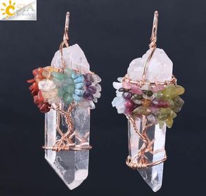 Hommes Big Gemstone Pendentif Femmes Naturel Blanc Cristal Quartz 7 Chakra Arbre de Vie Or Rose Fil À La Main Enveloppé Collier Charms GD426