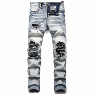 Hommes Biker Jeans Streetwear Paisley Bandana Imprimer Patch Stretch Denim Pantalon Patchwork Trous Ripped Slim Straight Pantalon noir r9YP #