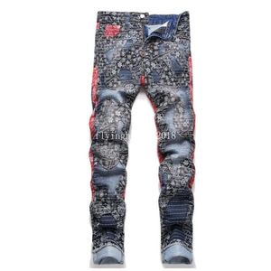 Men de motard jeans streetwear imprimer patch extensible pantalon en denim trous patchwork Ripped mince pantalon bleu droit