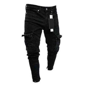 Hommes motard déchiré Long Denim pantalon maigre jean pantalon détruit extensible-noir 2021 mode bas fermeture éclair pantalon G0104