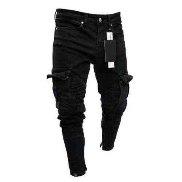 Pantalones vaqueros largos rasgados para motorista para hombre, pantalones vaqueros ajustados, pantalones vaqueros rotos elásticos-negros, pantalones con cremallera inferior a la moda 2021 G0104