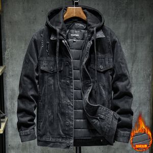 Hombres Negro Azul Invierno Jean Chaquetas Ropa exterior Abrigos de mezclilla cálidos Forro Lana más gruesa Tamaño grande M 4XL 220715