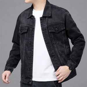 Hombres Chaqueta de mezclilla negra Streetwear Primavera Otoño Vintage Casual Mangas largas Top Moda Cuello vuelto Abrigo suelto Jaqueta Jeans 240304