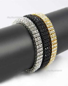 Hommes noir or finition argent 3 rangées diamant simuler bracelet 8 pouces 12mm strass glacé Hip Hop Bling Ewelry304b94446801821079