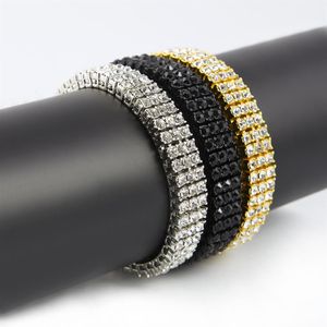 Mannen Zwart Goud Zilver Afwerking 3 Rij Diamant Simuleren Armband 8 inch 12mm Strass Iced Out Hip Hop Bling ewelry296b