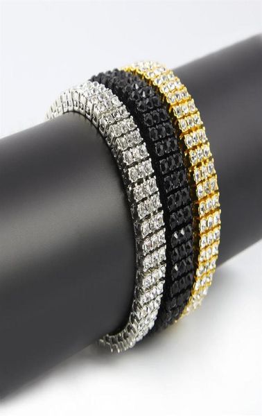 Hommes Noir Or Argent Finition 3 Rangées Diamant Simuler Bracelet 8 pouces 12mm Strass Glacé Hip Hop Bling ewelry304B94446809941275