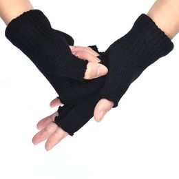 Mannen zwarte gebreide stretch elastische warme half vinger hoge kwaliteit mannelijke mitten dikker warme wol vingerloze handschoenen