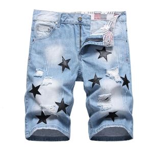 Men Black Leather Stars Patches denim shorts zomer slanke rechte jeans gaten gescheurd blauwe katoenen rijbroek 240511