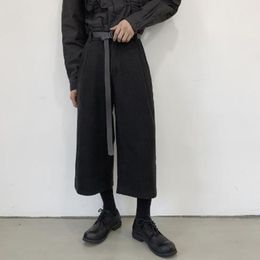 Hommes Noir Lâche Casual Laine Large Jambe Pantalon avec Ceinture Mâle Japon Streetwear Hip Hop Gothique Sarouel Droit Pantalon Kimono Pantalon 201109