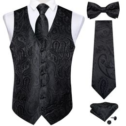 Hommes noir Paisley gilet cravate noeud papillon poche boutons de manchette carrés robe ensemble classique 5 pièces gilet d'affaires pour homme 240125