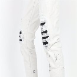 Jeans pour hommes, patch côtelé en PU noir, extensible, vieilli, blanc sale, 307b