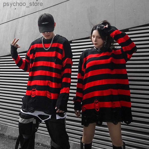 Hommes noir rouge rayé punk pull avec trous hip hop surdimensionné tricots femmes couple harajuku vintage pull jersey hombre Q230830