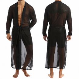 Mannen Zwarte Gewaden Open Frt Mesh Transparant Vest Cool Bata De Noche Mannelijke Nachtjapon Nachtkleding Camisa Masculina Hot Koop s9op #