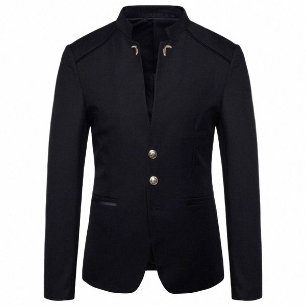 Hommes Blazer Manteau 2023 Printemps Nouveau Fi Butt Décoratif Style Chinois Slim Fit Col Montant Couleur Unie Costume Veste J9lN #