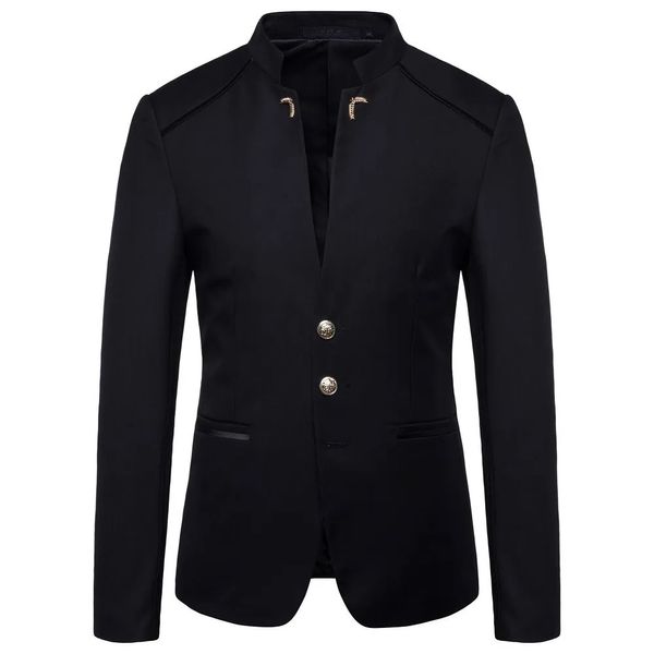 Hommes Blazer manteau printemps mode bouton décoratif Style chinois coupe ajustée col montant couleur unie costume veste 240125