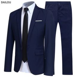 Men Blazers 2 stuks Sets Wedding Elegant 3 Suits Full Jackets Pants Luxe Business Korean Formal Navy Coats 240514