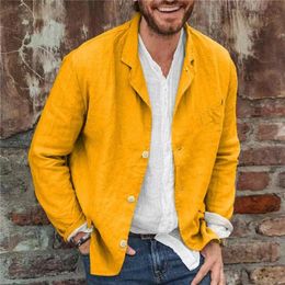 Hommes Blazers printemps automne loisirs fausse poche coton lin costume ample manteau solide Balzer veste jaune bleu haut vêtements 240117