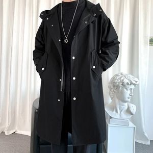 Hommes mélanges 2023 coupe-vent veste longue tranchée surdimensionnée lâche Streetwear à capuche Vintage noir manteaux haute rue décontracté vêtement d'extérieur pour homme 231026