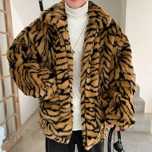 Hommes mélanges manteau en fausse fourrure pour hommes col rabattu tigre léopard imiter veste épais hiver chaud moelleux en peluche pull large vêtements d'extérieur 231202