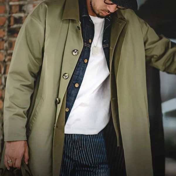 Hommes Mélanges Maden Casual Balmacaan Trench-Coat Amekaji Lâche Armée Vert Coupe-Vent Lourd Sergé Longues Vestes Vintage Pardessus 231026