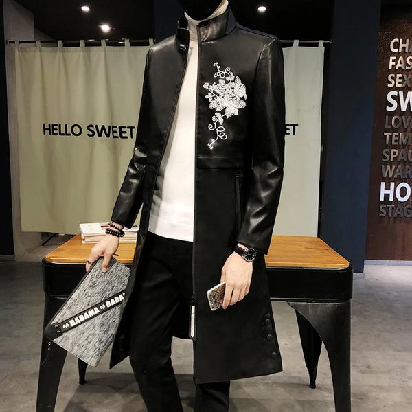 Trench-coat long en cuir pour homme, mélange de vestes à capuche noires, coupe cintrée, Style coréen, 231026