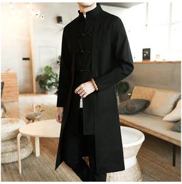 Mannen Blends Trenchcoat Mannen Nep twee Stukken Vest Kimono Mannelijke Lange Chinese Stijl Zwart Losse Vintage Katoen Linnen 231026