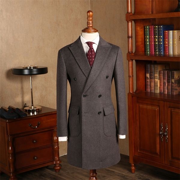 Hommes Mélanges Hiver Marron Longue Trench Veste Blazer Smoking Costumes À Chevrons Formel Double Boutonnage Manteau Sur Mesure Gabardina Hombre 231122