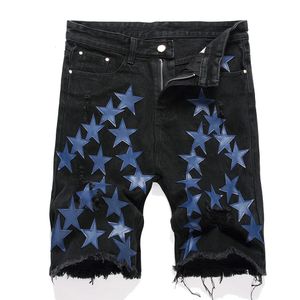 Men Blue Stars Black Denim Shorts Summer en cuir en cuir en cuir jeans trous de streetwear pantalon déchiré 240429