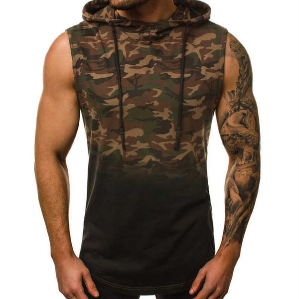 Hommes Bodybuilding Débardeurs Gymnases Fitness Workout Sans Manches Hoodies Homme Mince Casual Camouflage À Capuche Gilet Mâle Camo Clothing274Q